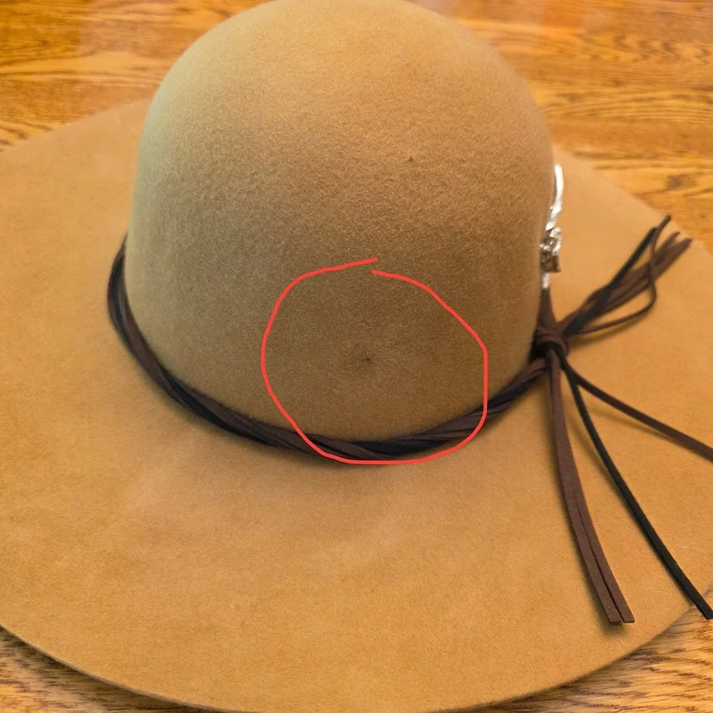 100% Wool Tan Wide Brim Floppy Hat Silver Butterfly Pin Braided Band Boho Whimsy